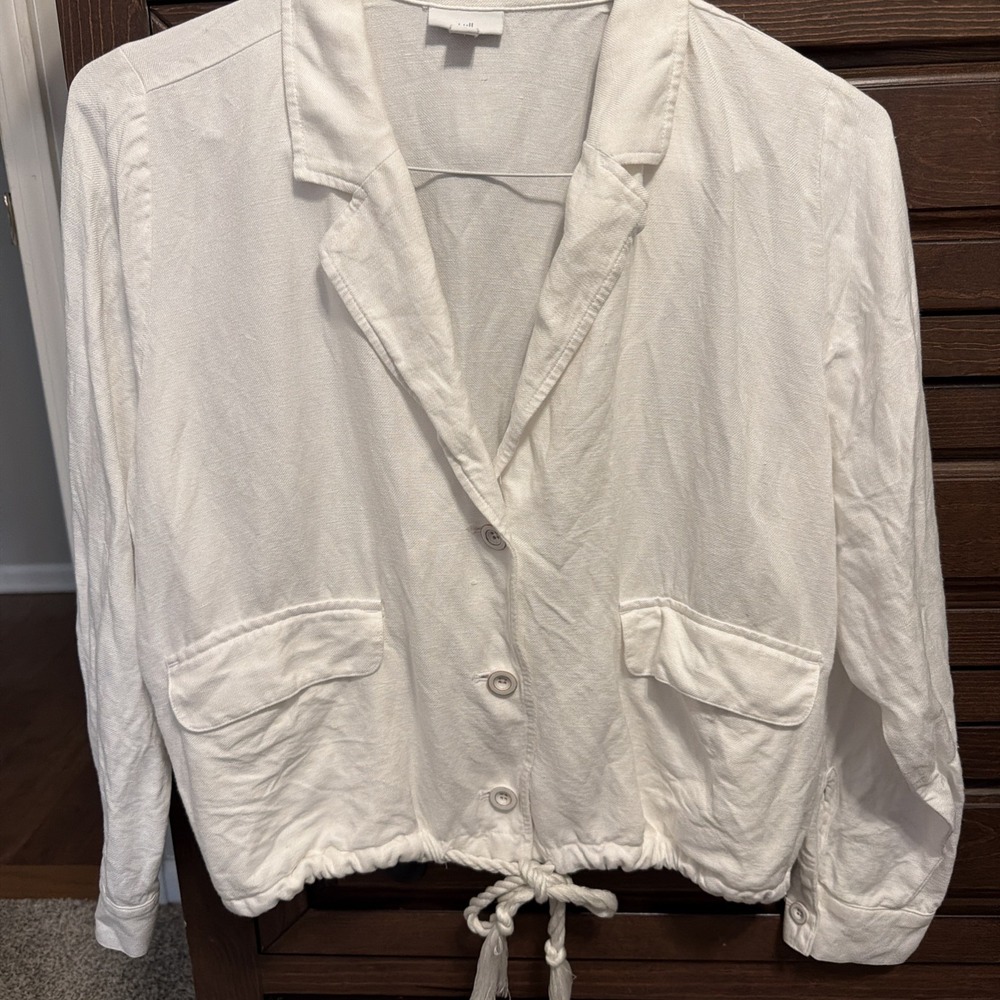 J. Jill White Linen Blend Button Up Collared Jacket Women's Medium Lagan Look
